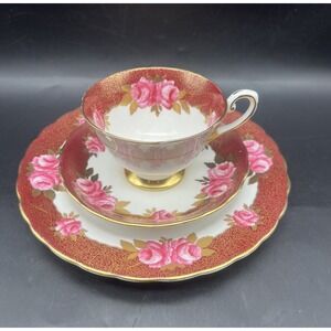 Vintage TUSCAN Pink & Gold Cabbage Roses Hand Painted Teacup Saucer Plate Set